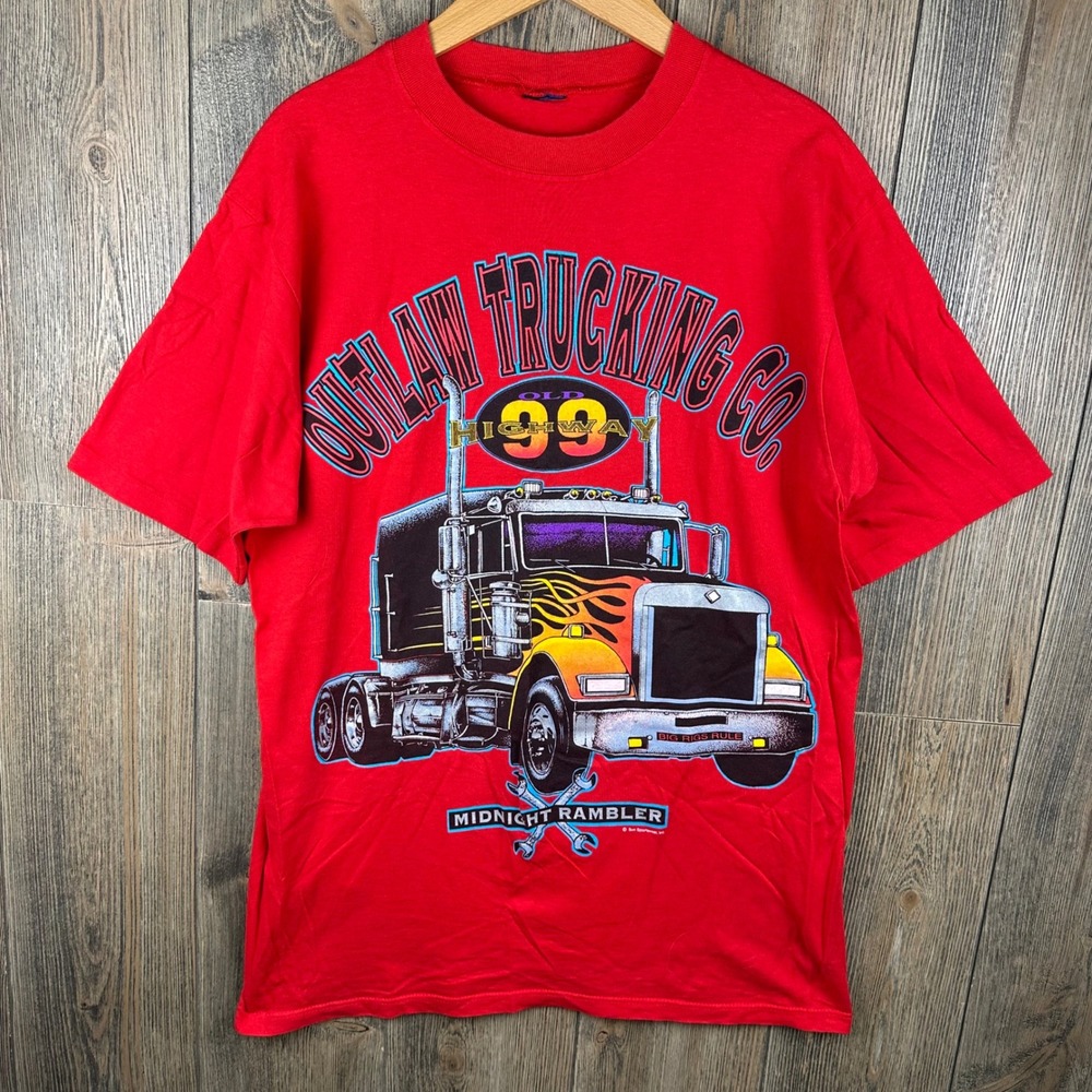 Vintage Outlaw Trucking Co Old Highway 99 Red Graphic T-Shirt Single Stitch LG